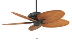 a ceiling fan with two wooden blades on the top and one black blade on the bottom