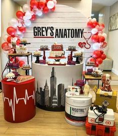 an assortment of desserts on display in front of a grey's anatomy sign