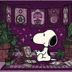 a cartoon dog sitting on top of a rug next to potted plants