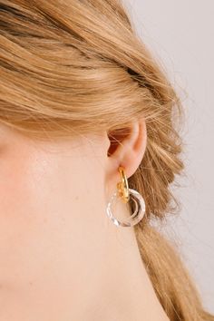 Get creative with your style with this mix and match earring that will help you achieve all sorts of looks. The Gemma earrings consist of both a gold and transparent hoop. You can wear them together or disconnect the hoops and wear each one separately for three or more distinct looks with one pair of earrings. The Gemma allows you to adjust your jewelry to fit your outfit and your mood. Feeling more fun and flirty? Pair the modern transparent hoop with the classic gold hoop for the perfect mix o Modern Clear Hoop Earrings For Pierced Ears, Modern Clear Hoop Earrings, Clear Hoop Earrings For Party, Trendy Clear Hoop Earrings, Modern Small Hoop Clear Earrings, True Self, Classic Gold, Gold Hoops, Gold Hoop