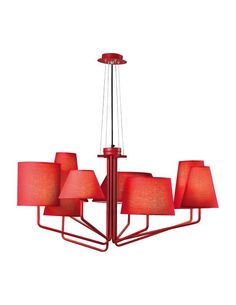 a red chandelier with five lamps hanging from it's sides and four shades on each side