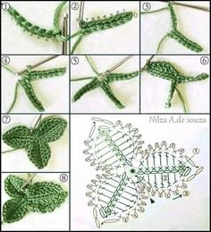 instructions to crochet the leaves and flowers