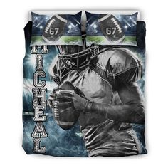 an image of a football player on a bed with blue and white comforter set