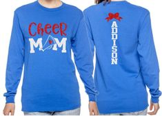 Glitter Cheer Mom Shirt | Cheer Shirt | Cheer Bling | Cheer Spirit Wear | Long Sleeve Shirt | Customize  Colors by GavinsAllyeDesigns on Etsy Casual Glitter Print Tops For Cheerleading, Long Sleeve Cotton Tops With Glitter Print, Long Sleeve Graphic Print Tops For Cheerleading, Blue Crew Neck Tops With Glitter Print, Long Sleeve Graphic Print Cheerleading Top, Casual Long Sleeve T-shirt For Cheerleading, Cheer Mom Shirts Glitter, Team Spirit T-shirt With Glitter Print For Cheerleading, Blue Glitter Print Crew Neck Tops