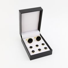 Introducing our Black and Gold Tuxedo Cufflinks and Studs Set - the epitome of sophistication and style. Elevate your formal ensemble to new heights with this exquisite accessory, meticulously crafted for the modern gentleman. Designed by The Gents Lab, these cufflinks and studs are a fusion of timeless elegance and contemporary flair. The sleek black enamel finish combined with polished silver accents exudes a sense of refinement, making them the perfect complement to any tuxedo or formal shirt Gold Tuxedo, Tuxedo Shirt Dress, Navy Blue Dress Shirt, Black Dress Shirt, Tuxedo Studs, Blue Dress Shirt, Gold And Black Dress, Prom Accessories, Wedding Order