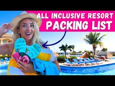 a woman in a hat is holding some flip flops and an item that says, all inclusive resort packing list