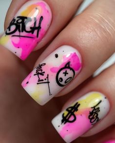 Graffiti Nail Art, Emo Nails, Graffiti Nails, Dope Nail Designs, Nail Art Designs Diy, Crochet Market Bag, Unique Acrylic Nails, Cute Nail Art