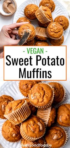 vegan sweet potato muffins on a white plate with the title overlay