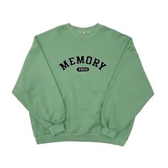 PROD Memory Letters Embroidered Design Available in Honeydew Green 100% Cotton Loose Fit Green Embroidered Crew Neck Sweater, Casual Green Sweater With Embroidered Graphics, Green Crew Neck Sweatshirt With Embroidered Text, Green Long Sleeve Sweater With Embroidered Text, Green Long Sleeve Sweatshirt With Letter Embroidery, Green College Top With Letter Embroidery, Green Cotton Sweater With Embroidered Graphics, College Green Top With Embroidered Text, Green Letter Embroidery Top For College