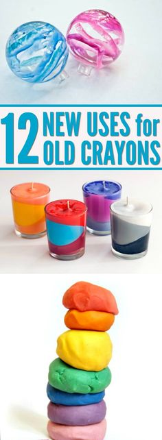 several different colored candles with the words 12 new uses for old crayons on them