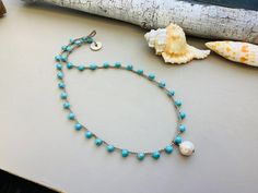 Turquoise Crocheted Necklace With Baroque, Pearl Pendant - Etsy Knotted Jewelry, Earthy Necklace, Baroque Pearl Pendant, Crystal Lace, Beautiful Anklet, Crystal Anklet, Natural Jewelry, Beaded Anklets, Crown Jewels