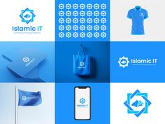 the logos for islamic it are displayed on different types of blue and white squares,