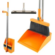 an orange broom and dustpan with a cleaning brush