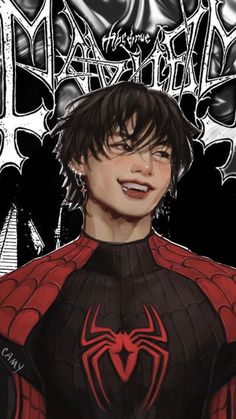 the spider - man is smiling in front of some black and white background with red accents