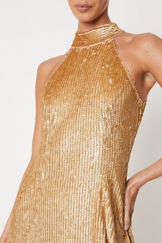 Fringe Sequin Halter Midi Dress Paco Rabanne Dress, Gold Sequin Gown, Sequin Halter, Wrap Dresses, Shift Dresses, Halter Midi Dress, Sequin Gown, Dresses To Wear, Paco Rabanne