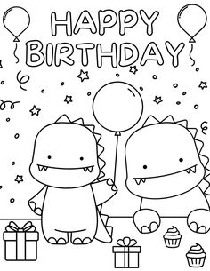 happy birthday coloring page with two cartoon characters holding balloons and presents in front of them