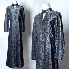 Vintage 70s Lurex Black Silver Metallic Sparkle Maxi Dress Gown With Keyhole Neckline Seamed Bust. Beautiful Vintage 70s Black And Silver Metallic Lurex Dress. This Superb Dress Is Crafted With Sparkly  Black And Silver Metallic Lurex Fabric And Has A Ton Of Shimmer. A Stunning Gown With A High Keyhole Neckline And A Seamed Bust For Greater Fit. Has Long Sleeves With An A Line Skirt. Has Back Zipper. A Gorgeous Gown From An Era Gone By. Who Doesn't Love A Shimmering Sparkle Dress. Size Medium. P 1970s Vintage Evening Dress, Fitted Vintage Maxi Dress For Night Out, Retro Full Length Evening Dress, Retro Floor-length Evening Maxi Dress, Vintage Maxi Dress For Night Out, 1970s Style Floor-length Dress For Party, Retro Floor-length Maxi Dress For Party, 1970s Style Floor-length Party Dress, 1970s Glam