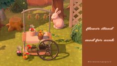 an animated image of a rabbit sitting on a chair in the grass next to a flower stand