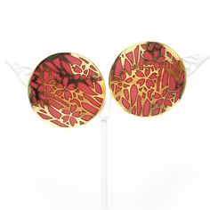 *Description: This is a beautiful pair of Isle of Skye cloisonne enamel post earrings from a company out of Scotland on a little island with the same name ISLE OF SKYE. The earrings are gold plated with the signature on the back. The rose red enamel has gold cloisonne outlines and backing on a circular background. This is a great example of the unique and beautiful designs by Isle of Skye who were making jewelry in 1974 and stopped in the 1990s. This pair of earrings from the 1980s may have neve Red Enamel Clip-on Jewelry, Red Enamel Round Earrings, Red Round Enamel Earrings, Red Enamel Clip-on Earrings, Unique Red Earrings For Formal Events, Unique Red Earrings For Formal Occasions, Red Enamel Pierced Earrings, Red Pierced Enamel Earrings, Red Hand Painted Round Earrings