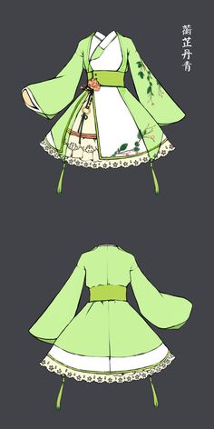 an anime character's green and white dress with laces on the bottom, in three different angles