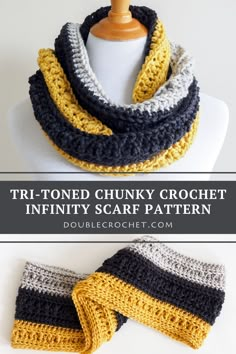 a crocheted scarf is shown on a mannequin with the words, tri - tone chunky crochet in it