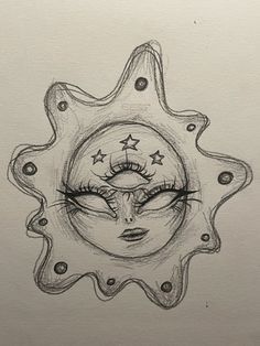 a drawing of a woman's face in the center of a sun with stars on it