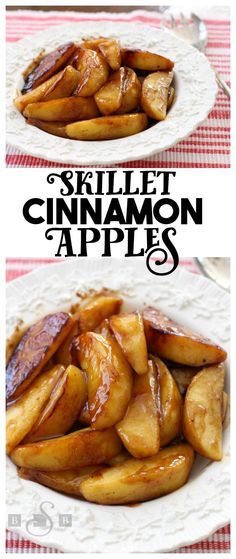 two plates filled with cinnamon apples on top of a red and white checkered table cloth