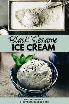 black sesame ice cream in a bowl with mint sprig and spoon on the side