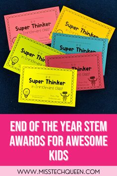 Celebrate the end of the school year with these fun awards for your awesome students! These STEM awards are super inclusive and reward students for all kinds of accomplishments. Perfect for your Kindergarten, 1st, 2nd, and 3rd grade classrooms. Some of the awards include outstanding thinker, tech quiz, brilliant builder, always curious, terrific teamwork, robot specialist, and more! Close out an amazing year by rewarding students for their hard work and effort in STEM! #MissTechQueen Fun Awards, Morning Announcements, Summer Stem