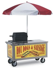 a hot dog and sausage cart on wheels with an umbrella over the top for shade