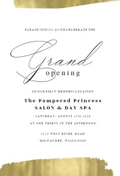 an elegant gold and white wedding card with the word grand opening on it's front