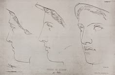 three drawings of men's heads in profile, with one facing the other way