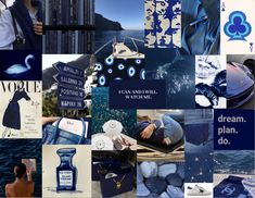 a collage of blue and white images