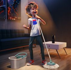 a young boy is cleaning the floor with a mop