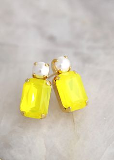 Yellow Neon Stud Earrings Ultra Yellow Crystal Bridal - Etsy Yellow Earrings For Party, Neon Yellow Drop Earrings As A Gift, Crystal Bridal Earrings, Yellow Bridesmaids, Bridal Elegance, Yellow Earrings, Lemon Yellow, Neon Yellow, Bridesmaid Earrings