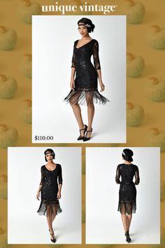 It’s all about the details with this stunning 1920s sequin cocktail dress in black from Unique Vintage. This little number is anything but boring thanks to swirling sequin patterns that sparkle and shine all night long. Plus, the extra-long fringe bottom and sheer sleeves with sequin accents make it even more alluring. Add a scoop neck and you’ve got the perfect combination for a flapper costume that’s sure to turn heads. .This flapper dress with long sleeves comes in a deep black color and curve-hugging style that makes it ultra-flattering on any body type. The glitzy Art Deco vibes and sultry silhouette will have your shimmying and swaying with confidence. Snatch up this unique fashion find along with other chic styles at Unique Vintage and get .. | Unique Vintage 1920S Black Beaded & Se Flapper Costume, Long Fringe, Long Fringes, Sequin Cocktail Dress, Sparkle And Shine, Deep Black, Sheer Sleeves, Black Beads, Unique Fashion