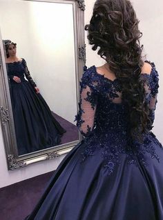 Blue Ball Gown Prom Dresses, Prom Dresses With Long Sleeves, Navy Blue Ball Gown, Wedding Dresses Ball Gown Lace, Blue Wedding Gowns, Ball Gown Prom Dresses, Gown Prom Dresses, Long Sleeve Ball Gowns, Blue Ball Gowns