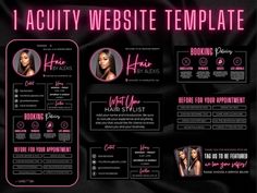 the website design for hair stylist is shown in neon pink and black colors