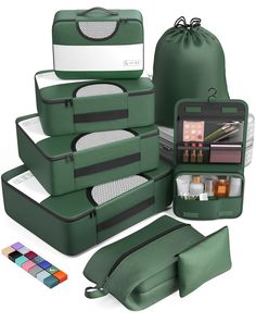 an assortment of green travel bags with various items in them including pens, pencils and markers