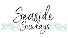 the words seaside sundays written in black ink on a white background with blue waves