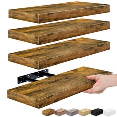 three different types of wood planks being held up by two hands, with the same color