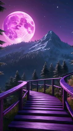 a wooden walkway leading up to a purple mountain