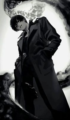 a black and white photo of a man in a trench coat with his hands on his hips