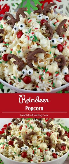 a bowl filled with christmas popcorn covered in chocolate and sprinkled with candy eyes