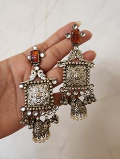 Around 3.5 inches long Light weight Brass made Temple Jewelry Metal Earrings With Tilla, Silver Chandelier Earrings With Tilla For Gifts, Metal Chandelier Earrings With Latkans In Temple Jewelry Style, Fusion Style Metal Earrings With Latkans, Traditional Metal Chandelier Earrings For Festive Occasions, Handmade Metal Jhumkas, Handmade Metal Dangle Jhumkas, Traditional Metal Plug Earrings For Party, Handmade Metal Chandelier Earrings For Festive Season