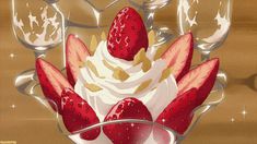 a painting of strawberries and ice cream in a glass bowl with wine glasses on the side