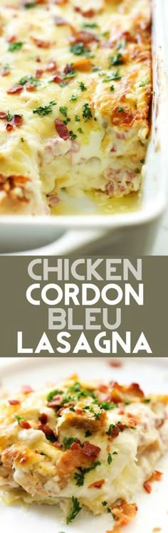 chicken cordon bleu lasagna in a white casserole dish