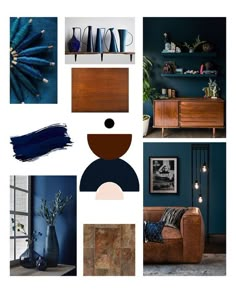 a collage of different furniture and decor items in blue, brown, black and white