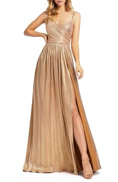 Mac Duggal Metallic A-Line Gown | Nordstrom Golden Gown, Mac Duggal Dress, Gown Gold, Mac Duggal Dresses, The Jacksons, Mac Duggal, A Line Gown, Celebrity Look, Gold Dress