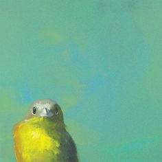 a painting of a yellow bird sitting on top of a tree branch with blue sky in the background